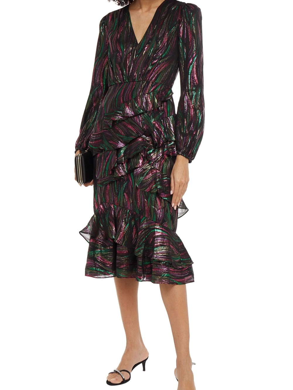 SALONI “Alya” Metallic Silk Ruffle Cocktail Dress
